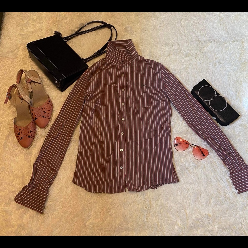 Vintage Women’s Lacoste Striped Button-Down Shirt Brown Pink S (EU 36)